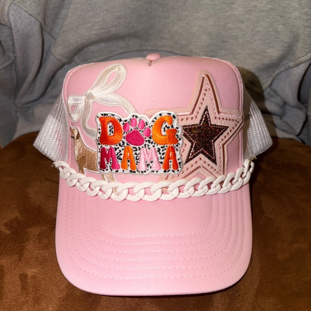 Pink “Dog Mama” Trucker Hat • White Chain • Custom Dog Mom